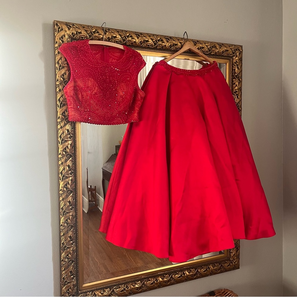 Morilee Red Satin Beaded Two Piece Prom / Quincienara /Indian Wedding Dress 12